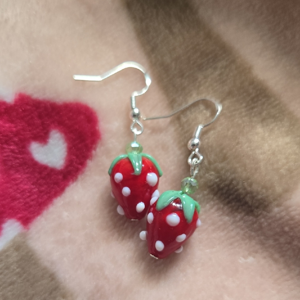 Strawberry Charm Earrings - Red and Green